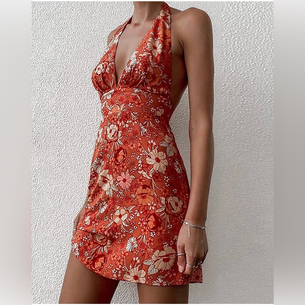 Mini Floral V Neck Halter Backless Dress